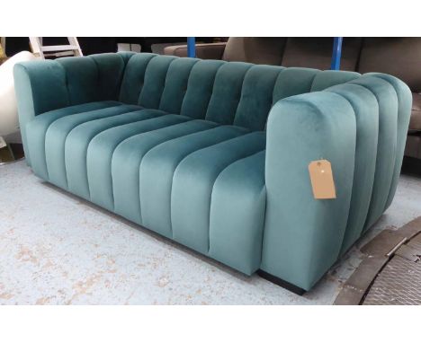 SOFA, contemporary green velvet upholstered, 200cm W x 93cm D x 71.5cm H approx. 