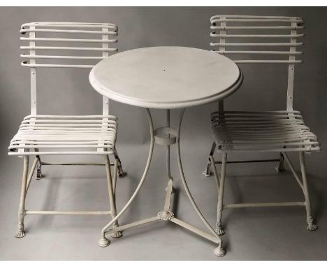 ARRAS STYLE GARDEN CHAIRS, a pair, painted bent and wrought iron slatted with paw supports together with a table, 57cm x 71cm