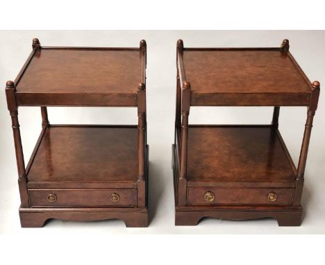 BEDSIDE/LAMP TABLES, a pair, George III design walnut each with two tiers and a drawer, 46cm x 46cm x 60cm H. (2) 