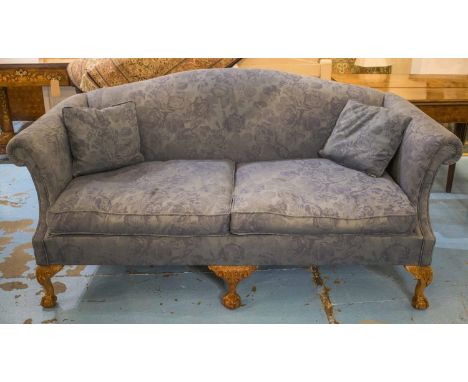 SOFA, Georgian style in floral blue damask with seat and squab cushions on carved legs, 198cm W. (slight fading) 