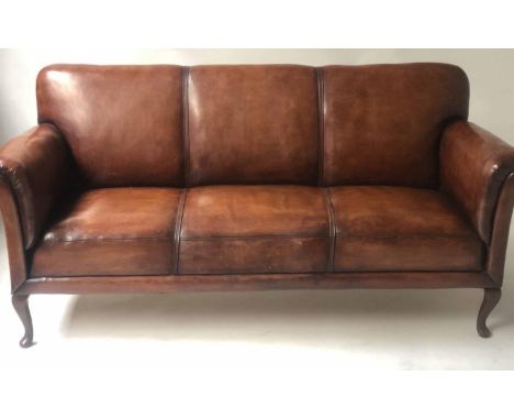 SOFA, 1930's hand dyed and stitched leaf brown leather with curved arms and back, 180cm W. 