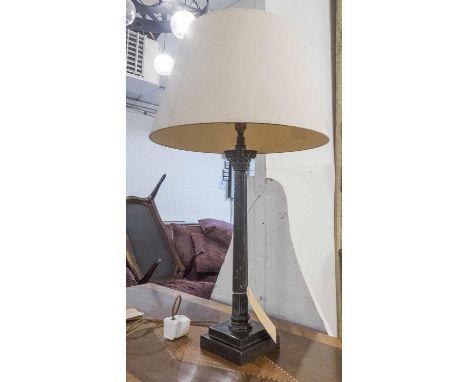 TABLE LAMP, cast metal in the form of a classical column and shade, 76cm H overall. 