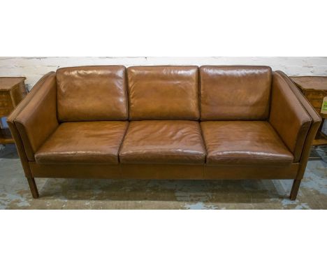 STOUBY DANISH SOFA, 1970's design teak and soft grained leather upholstered with seat, back and side cushions, 203cm W. 