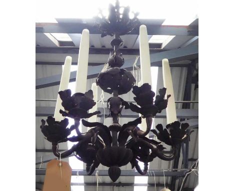 CEILING PENDANT LIGHT, six branch, metal oak leaf design, 70cm drop. (slight faults) 