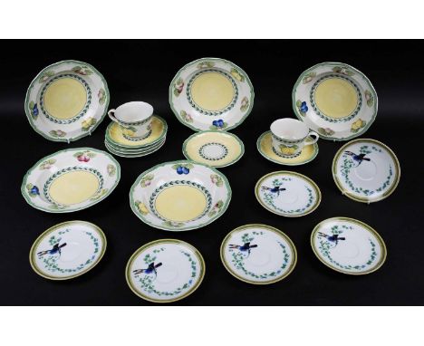 PART SERVICE, Villeroy and Boch 'French Garden Fleurence', five soup bowls, two tea cups, six saucers along with six Hermes '