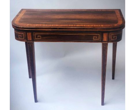 CARD TABLE, Regency rosewood and satinwood crossbanded with baize lined foldover top, 92cm W x 74cm H x 45cm D. 