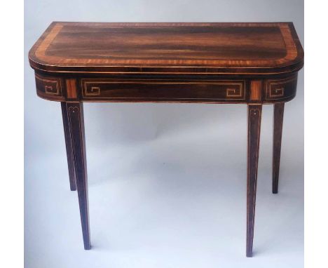 CARD TABLE, Regency rosewood and satinwood crossbanded with baize lined foldover top, 92cm W x 74cm H x 45cm D. 