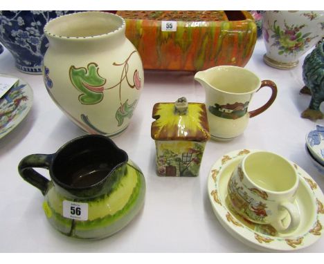 DEVON POTTERY, Torquay "Riverscape" jug, also cottage preserve pot, Honiton vase, Bunnykins feeding bowl and cup and 1 other 