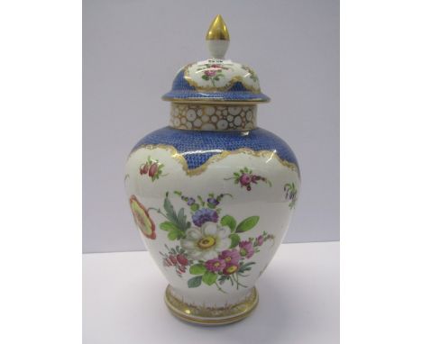 DRESDEN, a gilded blue scale ground lidded baluster vase decorated with floral sprays, 12" high 