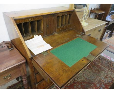GEORGIAN WALNUT BUREAU, quality faded walnut veneered bureau with fitted interior, with 3 short drawers, over 3 graduated dra