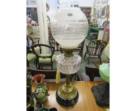 OIL LAMP, brass column base clear glass reservoir oil lamp with spherical shade 
