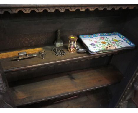 CANTON ENAMEL, two floral decorated Canton enamel trays,  SVERIGE spoon, antler & bone timer, candle snuffers etc