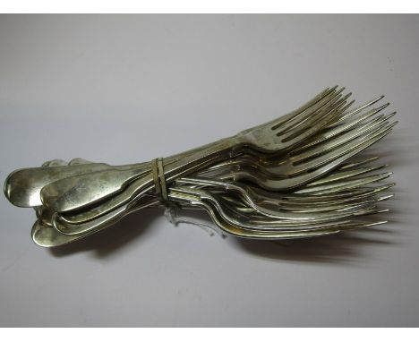 ANTIQUE SILVER CUTLERY, collection of 19th Century HM silver fiddle pattern dinner and dessert forks, 23 ozs