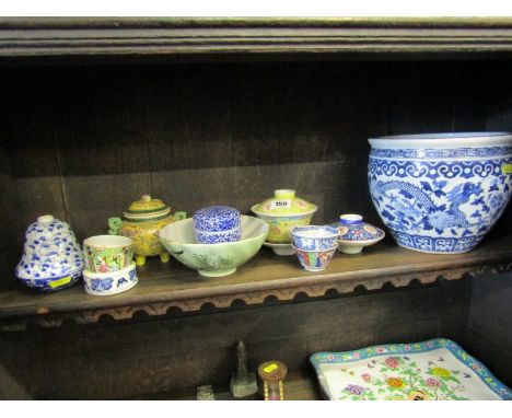 ORIENTAL CERAMICS, famille jeune lidded rice bowl on stand, underglaze blue octagonal sake bowl and similar "Clobbered" sake 