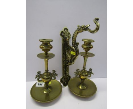 BRASSWARE, pair of dragon design circular based candlesticks and brass dragon gong bracket 