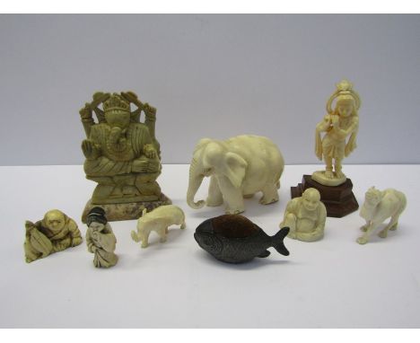 ANTIQUE IVORY, animal figures including an elephant also a camel, soapstone Eastern temple god figure, an ivory Netsuke of a 