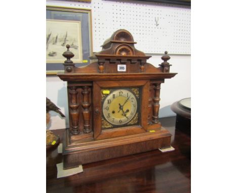 EDWARDIAN MANTLE CLOCK, oak architectural cased mantle with coil bar strike, 18" High