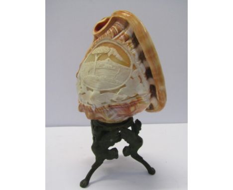 CAMEO SHELL, Italian carved cameo shell table lamp depicting Naples/Vesusius