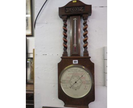 ART DECO BAROMETER, oak framed Stormoguide with silvered dial & steel thermometer, 27"