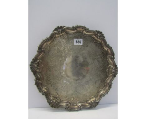 GEORGIAN DESIGN SILVER SALVER, HM silver scroll edged and foliate engraved 12" salver, London 1898, 34 ozs