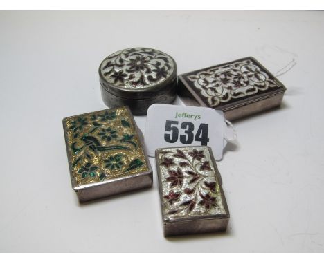 4 ASSORTED WHITE METAL & ENAMEL PILL BOXES 