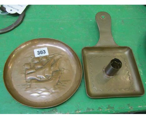 NEWLYN COPPER, a galleon embossed circular dish and square base chamber stick 