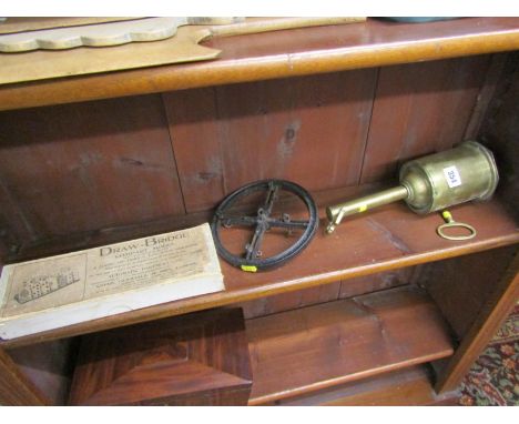 ANTIQUE METALWARE, 19th Century brass rotating spit also a Draw-Bridge patent cardholder by Charles Goodall in original box &