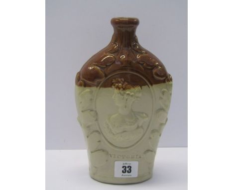 19TH CENTURY STONE WARE FLASK, depicting Queen Victoria and Duchess of Kent relief portrait, 8.5" high