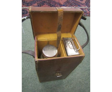 LEATHER, a vintage stitched leather sandwich box and flask cased set