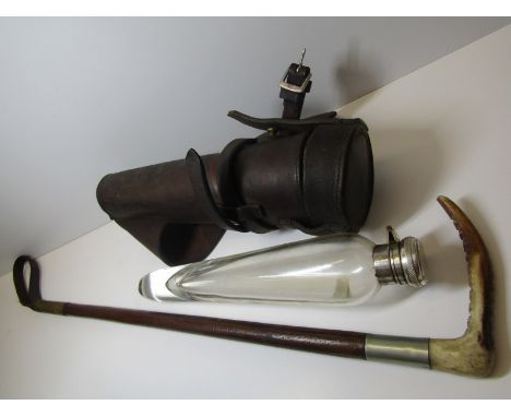 HUNTING, antler riding crop with leather cased spirit flask