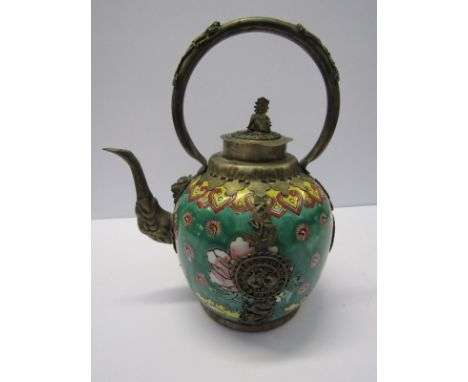 ORIENTAL TEAPOT, a ornate metal mounted Chinese teapot with ceramic body and stamped seal mark to base