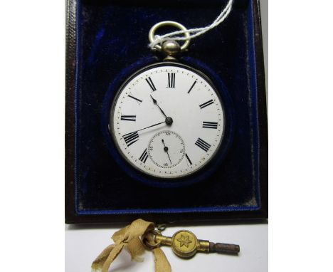 SILVER OPEN FACE POCKET WATCH, in box with key