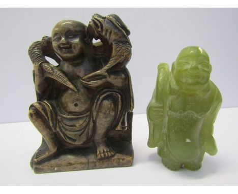 EASTERN CARVING, a carved hardstone dragon deity, 4" high; also carved jade travelling Sage 3.25" high 
