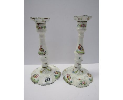 BILSTON ENAMEL, pair of enamelled candlesticks decorated with exotic birds and insects and detachable drip pans (numerous def