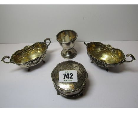 SILVER CIRCULAR RING BOX, also pair of ornate twin handled salts, Birmingham 1901 (1 handled damaged) and silver egg cup