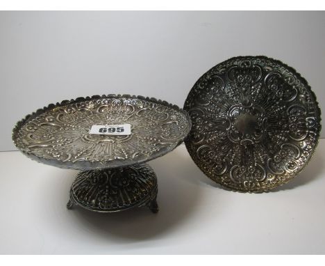 PAIR OF VICTORIAN SILVER BON BON DISHES, pair of circular pedestal ornate floral and scroll embossed bonbon dishes, London 18