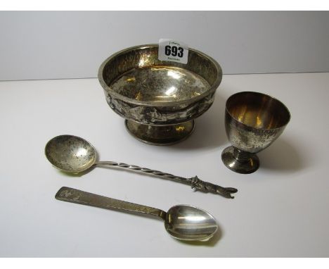 SILVER NURSERY BOWL, HM silver pedestal bowl decorated with animal scenes, Birmingham 1942 with matching spoon, also child's 