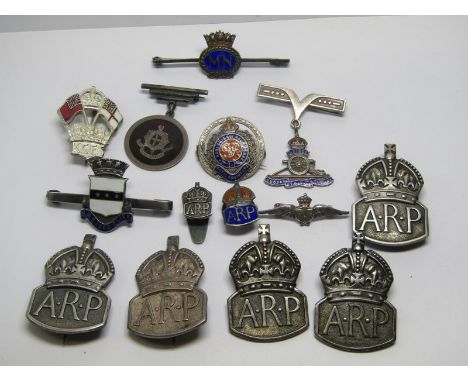 SILVER & WHITE METAL MILITARY BADGES, including ARP Sussex Regiment & HMS Lord Clive