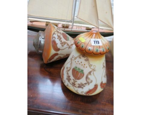 OPAQUE LAMP SHADES, a pair of opaque amber decorated glass lamp shades, 10"