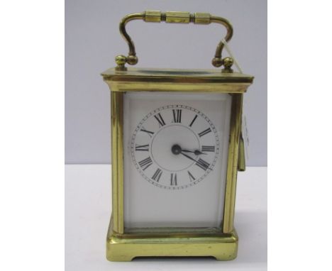 CARRIAGE CLOCK, brass case bevelled brass carriage clock with key, 4.5" height