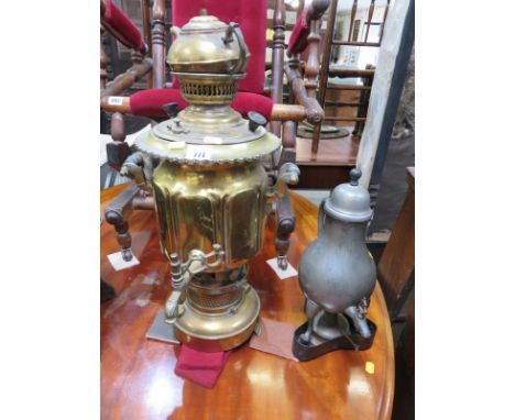 SAMOVAR VASE, 19th Century brass twin handled samovar with cap, 20" high also a baluster plated samovar, 15" (front foot miss