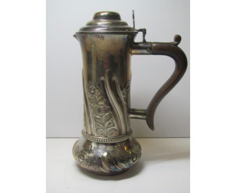 SILVER CHOCOLATE POT, HM silver floral embossed narrow bodied lidded chocolate pot with carved fruitwood handle, Sheffield po