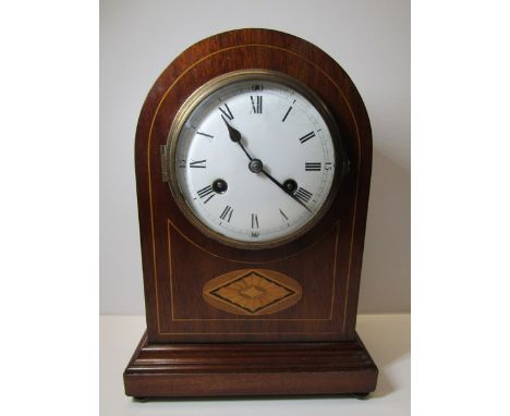EDWARDIAN BRACKET CLOCK, inlaid mahogany domed top bracket clock with coiled bar strike and brass drop side handles, 13" high