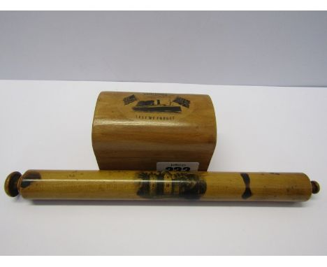 LUSITANIA, Mauchline miniature trunk, together with Mauchline "Rothesay Castle" ruler