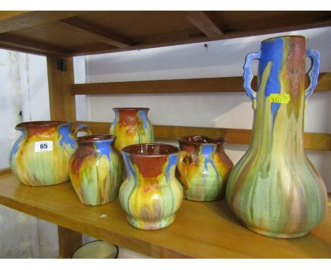 WATCOMBE POTTERY, collection of 6 pieces of streaked glazed tableware including twin handled vase 