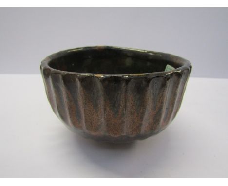 STUDIO POTTERY, style of Richard Batterham tenmoku glazed ribbed circular small bowl, 4.5" diameter