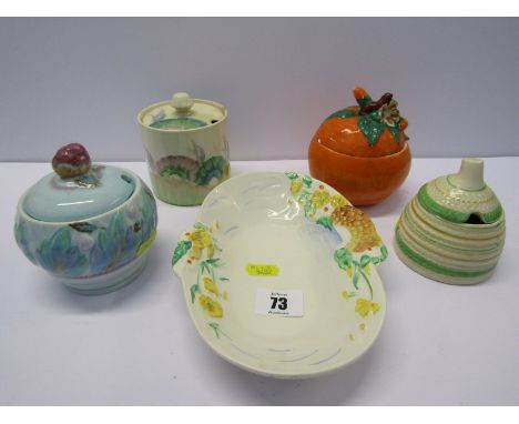 CLARICE CLIFF, 4 various lidded preserve pots including marmalade jar, together with "Bridge" pattern oval dish 
