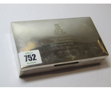 SILVER CIGARETTE BOX, Walker & Hall HM silver cigarette box presented by Nigeria Police Officers Mess, 6" width