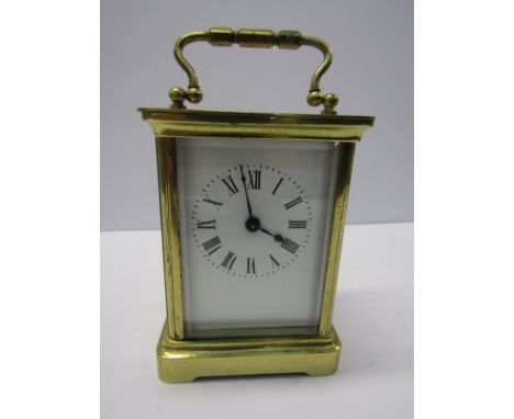CARRIAGE CLOCK, brass case bevelled glass carriage clock, 4.5" height