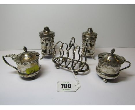 SILVER TOAST RACK, a small 5 bar toast rack, also pair of HM silver pierced body pepperettes and pair of lidded silver mustar